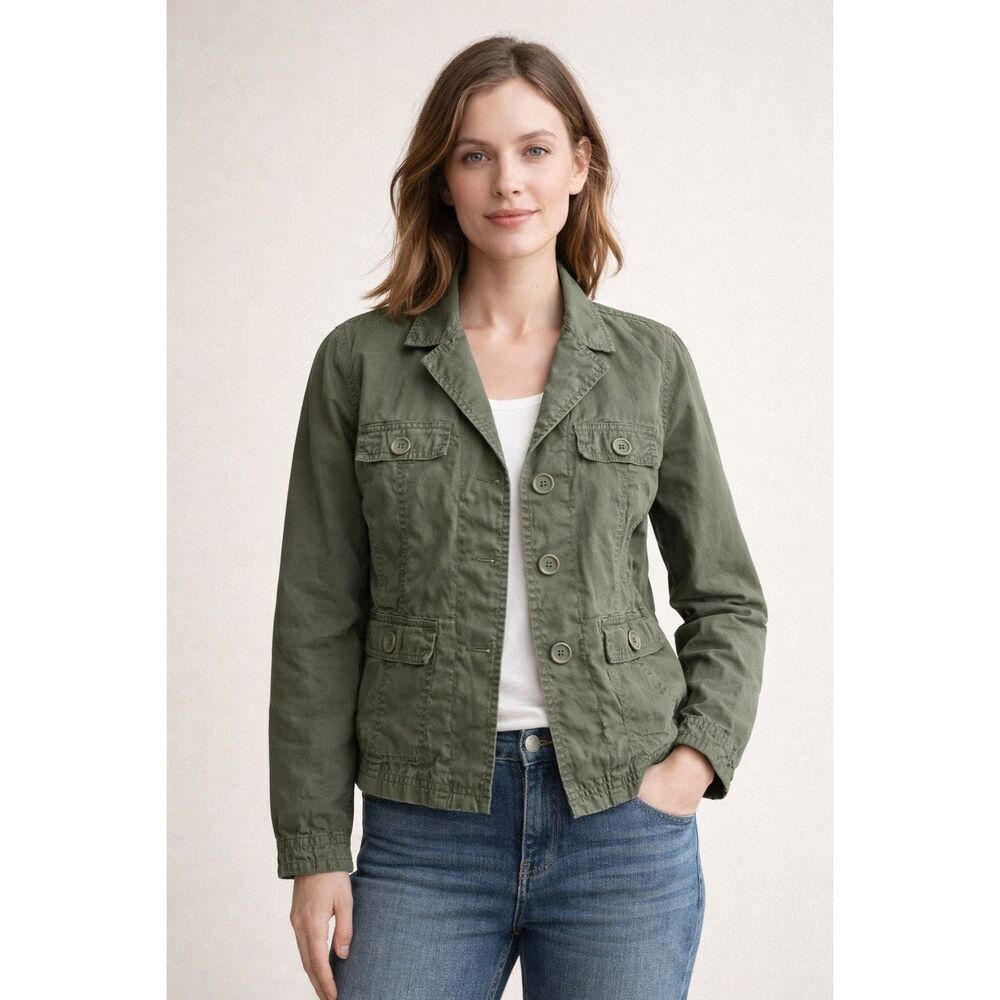 Talbots Petite 10 Olive Green Cotton Utility Jacket Womens Military